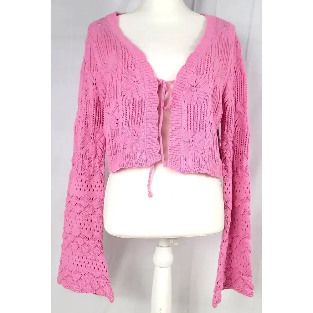 Entro Pink Crochet Bell Sleeve Cardigan Tie Front Boho L NWT